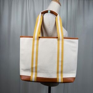 NWOT Striped Canvas XL Tote Bag – Mustard Yellow & Cognac Faux Leather